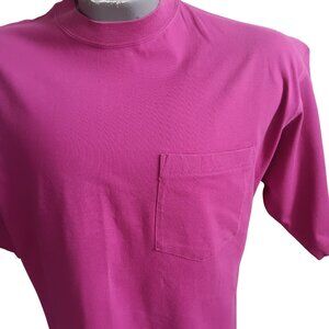 Mens Large Vintage T-shirt Cotton Traders Magenta Pink Chest Pocket 1990's USA